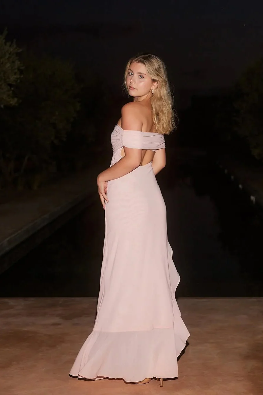 Off-Shoulder Ruffle Mesh Split Maxi Party Dress - Image 11