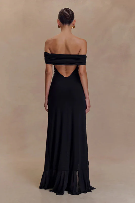 Off-Shoulder Ruffle Mesh Split Maxi Party Dress - Image 12