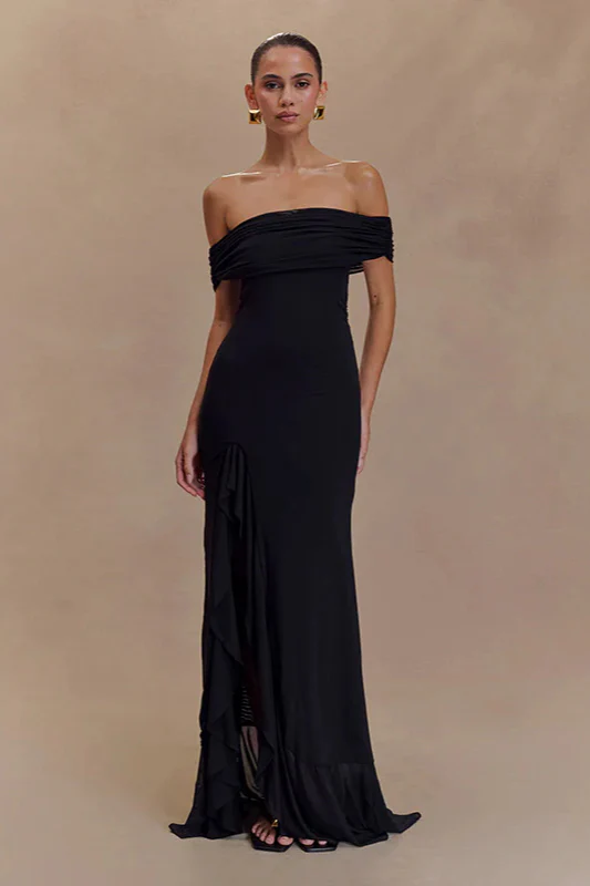 Off-Shoulder Ruffle Mesh Split Maxi Party Dress - Image 13