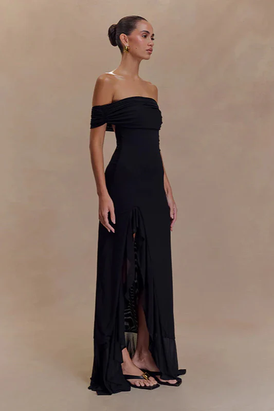 Off-Shoulder Ruffle Mesh Split Maxi Party Dress - Image 14