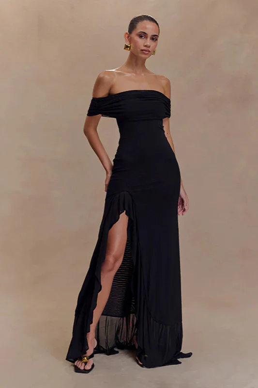 Off-Shoulder Ruffle Mesh Split Maxi Party Dress - Image 15