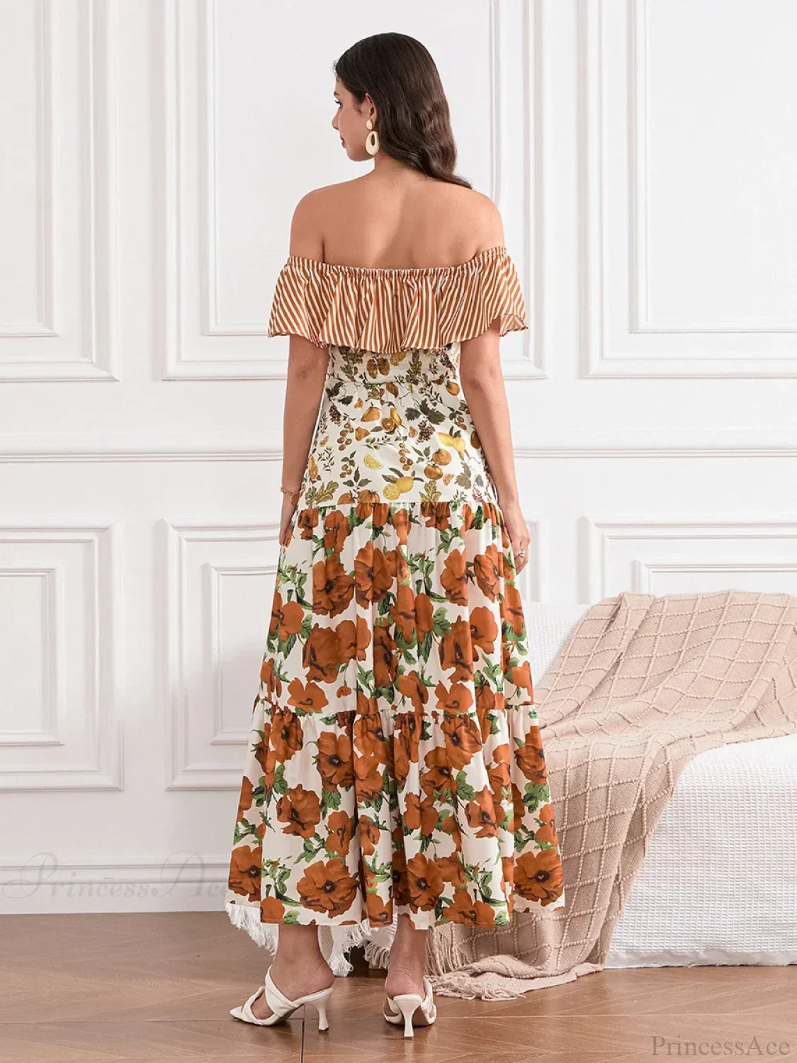 Off-Shoulder Ruffled Ruched Vintage Striped Fruit Flower Floral Dress - Image 4