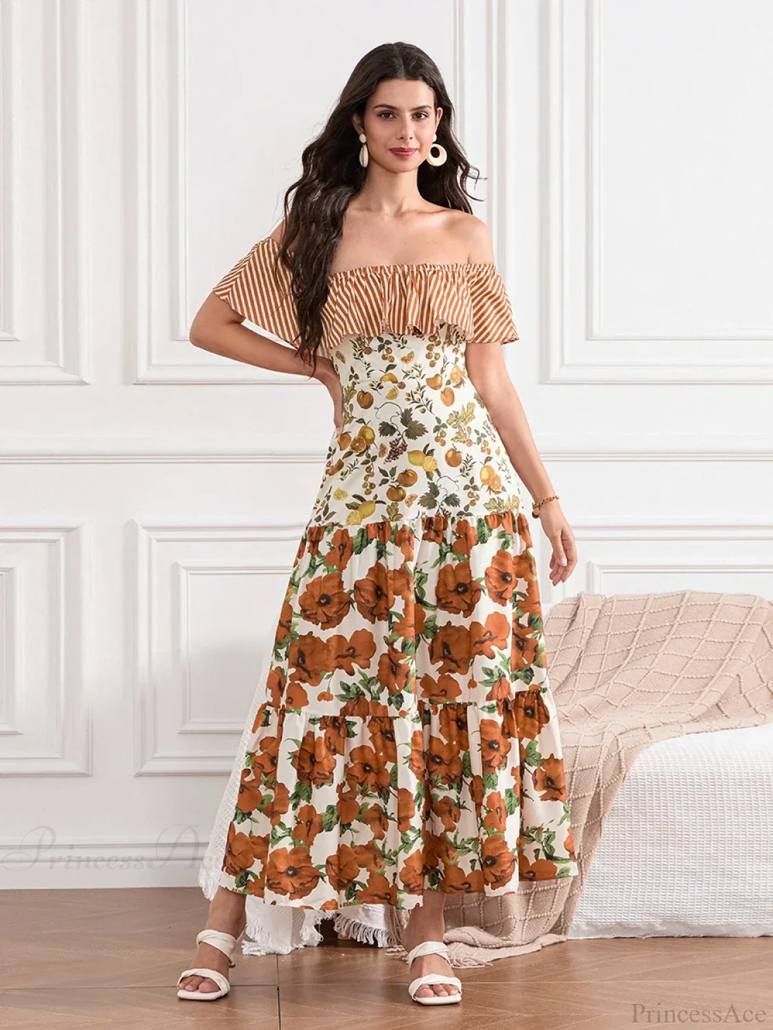 Off-Shoulder Ruffled Ruched Vintage Striped Fruit Flower Floral Dress - Image 7