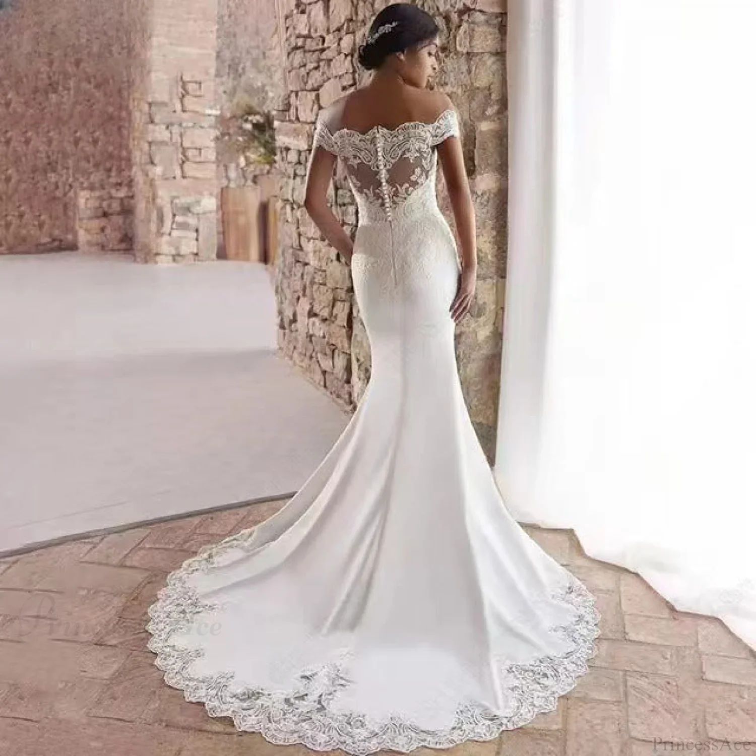Off-Shoulder Satin Lace Mermaid Wedding Dress - Image 2
