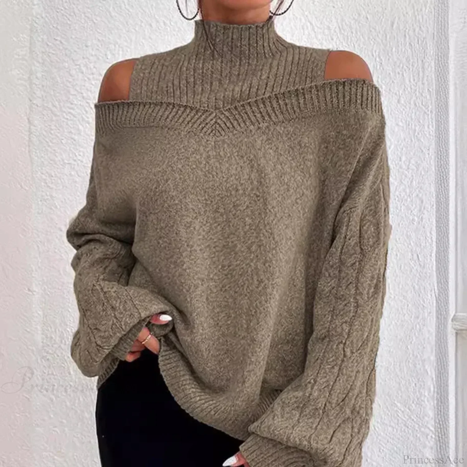 Off Shoulder Semi High Neck Knit Sweater - Image 3