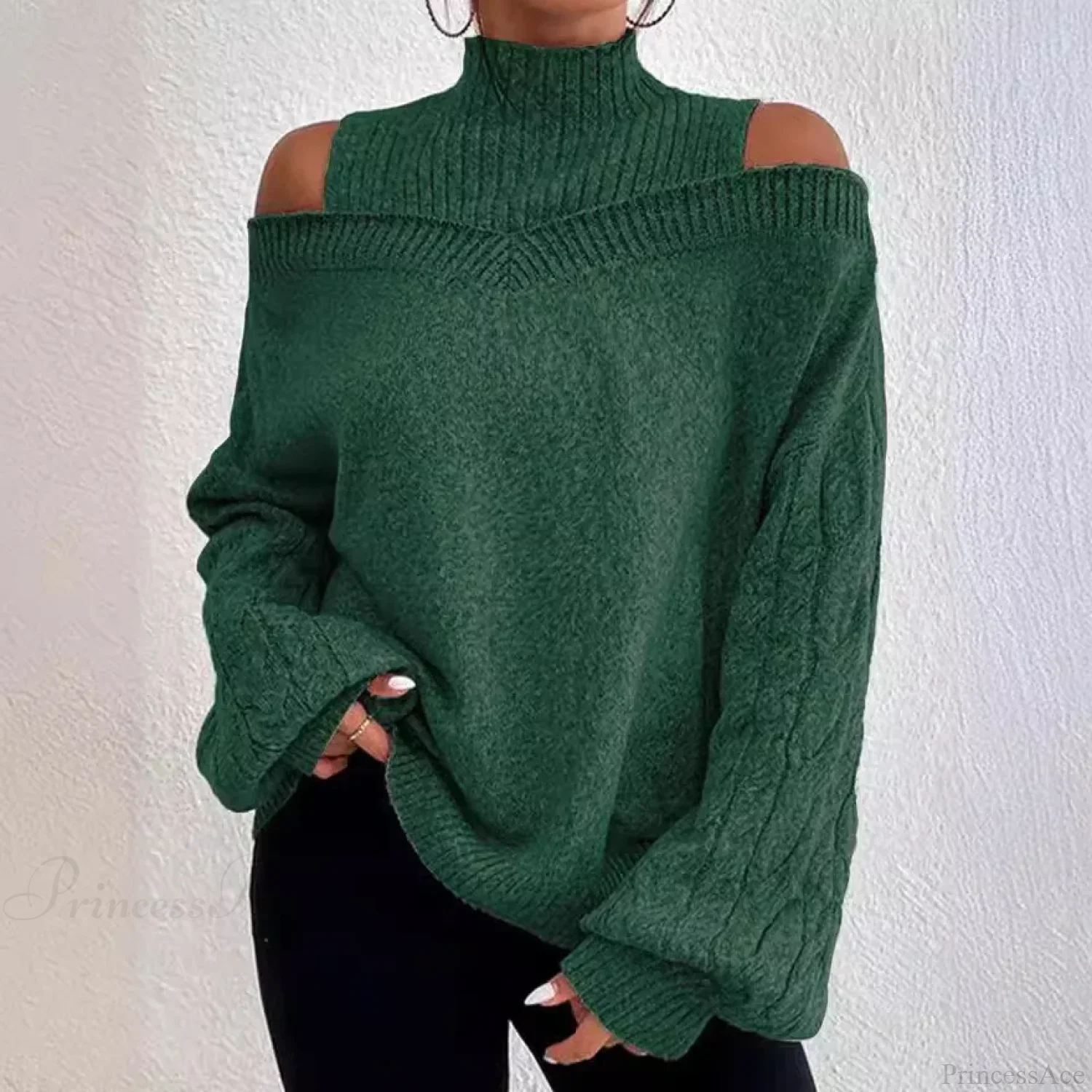 Off Shoulder Semi High Neck Knit Sweater - Image 4