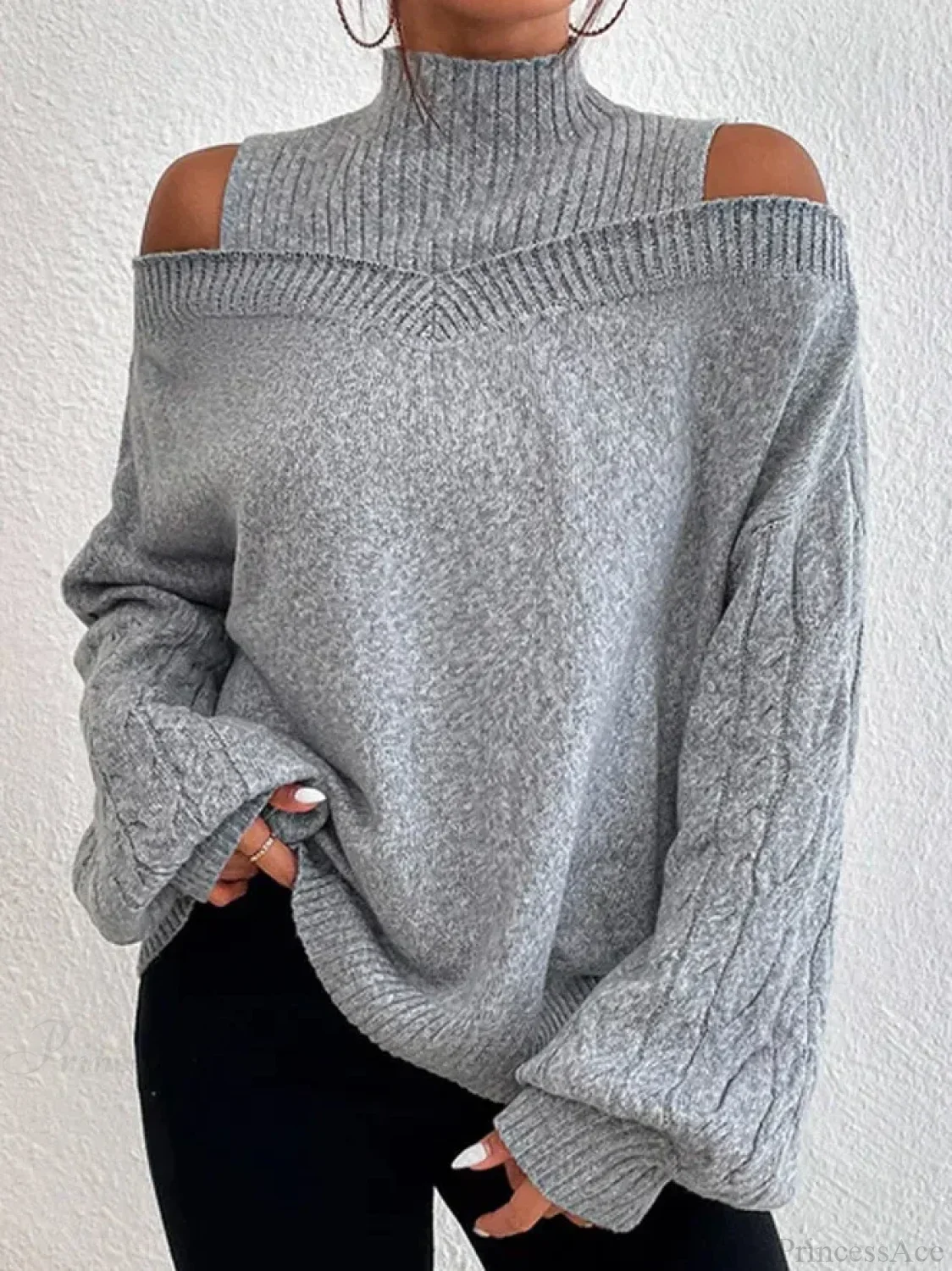 Off Shoulder Semi High Neck Knit Sweater - Image 6