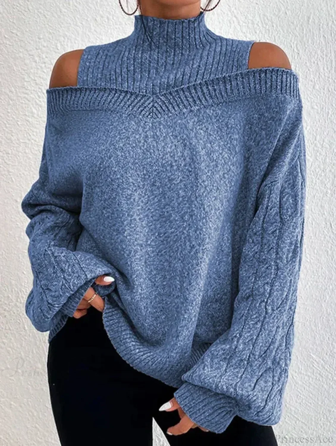Off Shoulder Semi High Neck Knit Sweater - Image 9