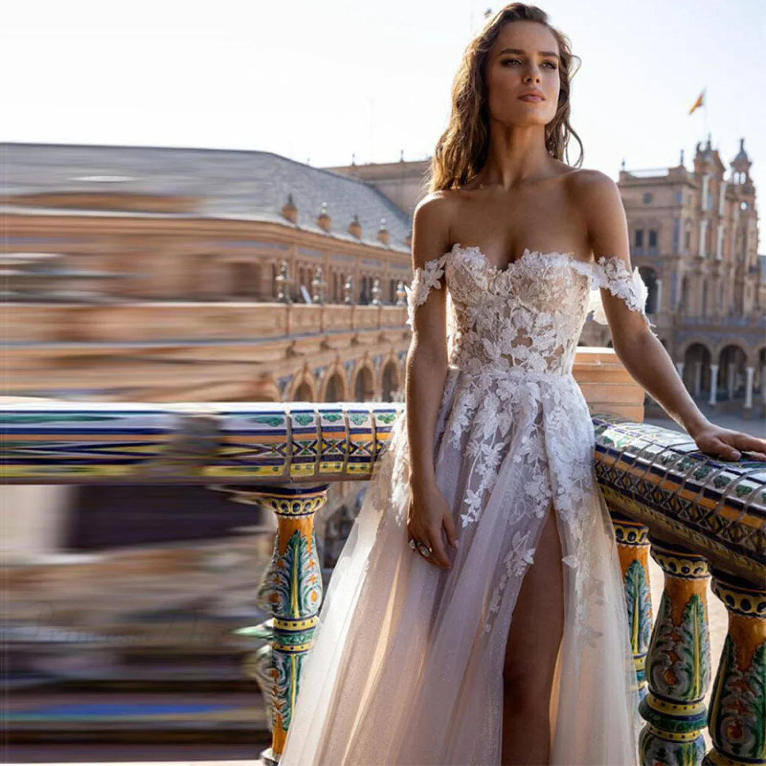 Off-Shoulder Sheer A-Line Wedding Dress - Image 3