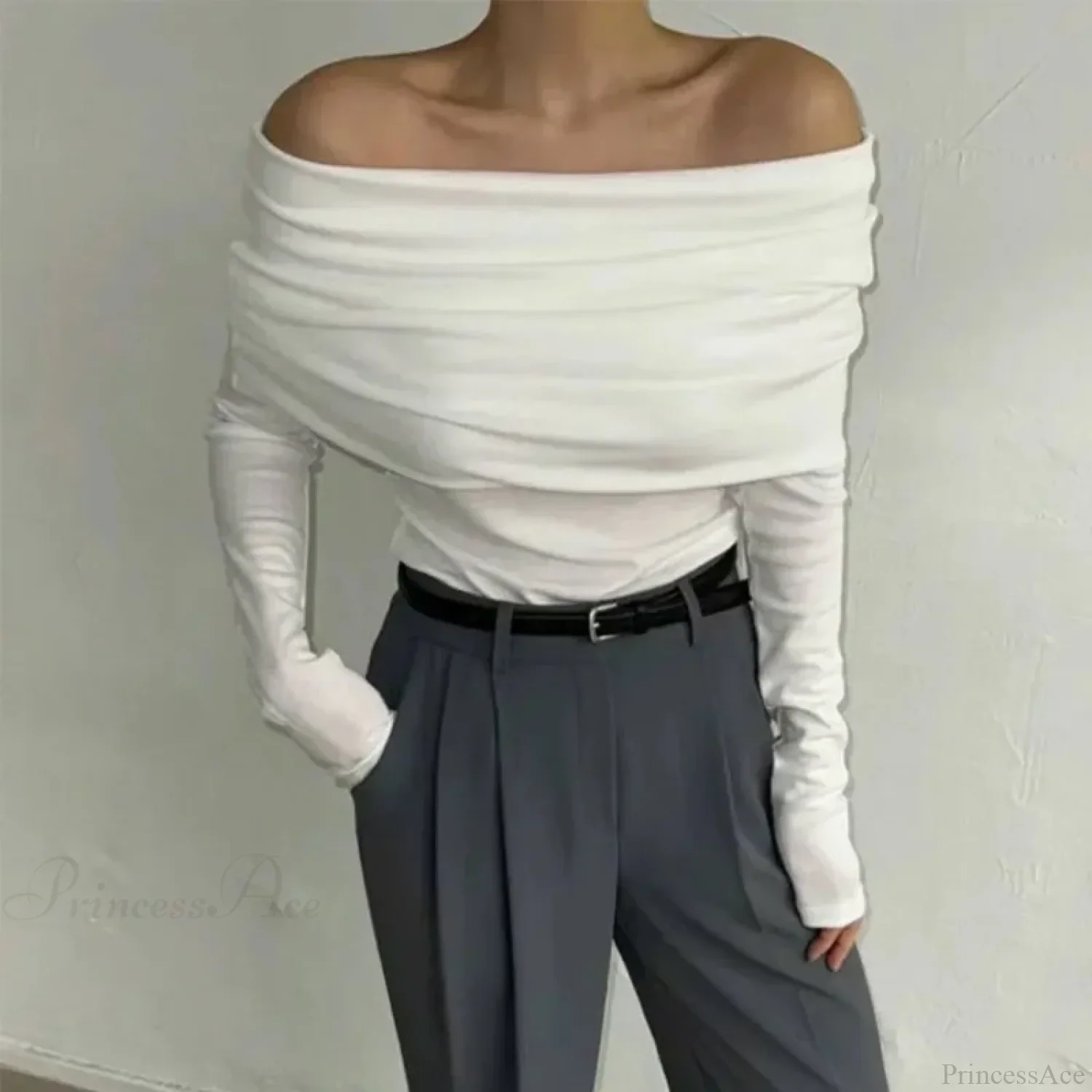 Off-Shoulder Slim Long Sleeve Pleated Sweater - Image 13