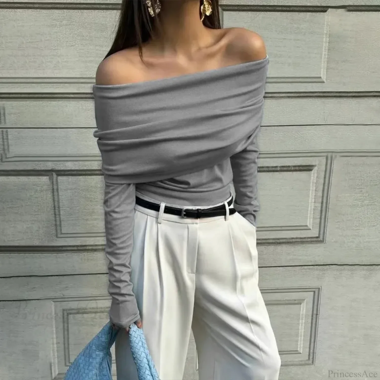 Off-Shoulder Slim Long Sleeve Pleated Sweater - Image 3