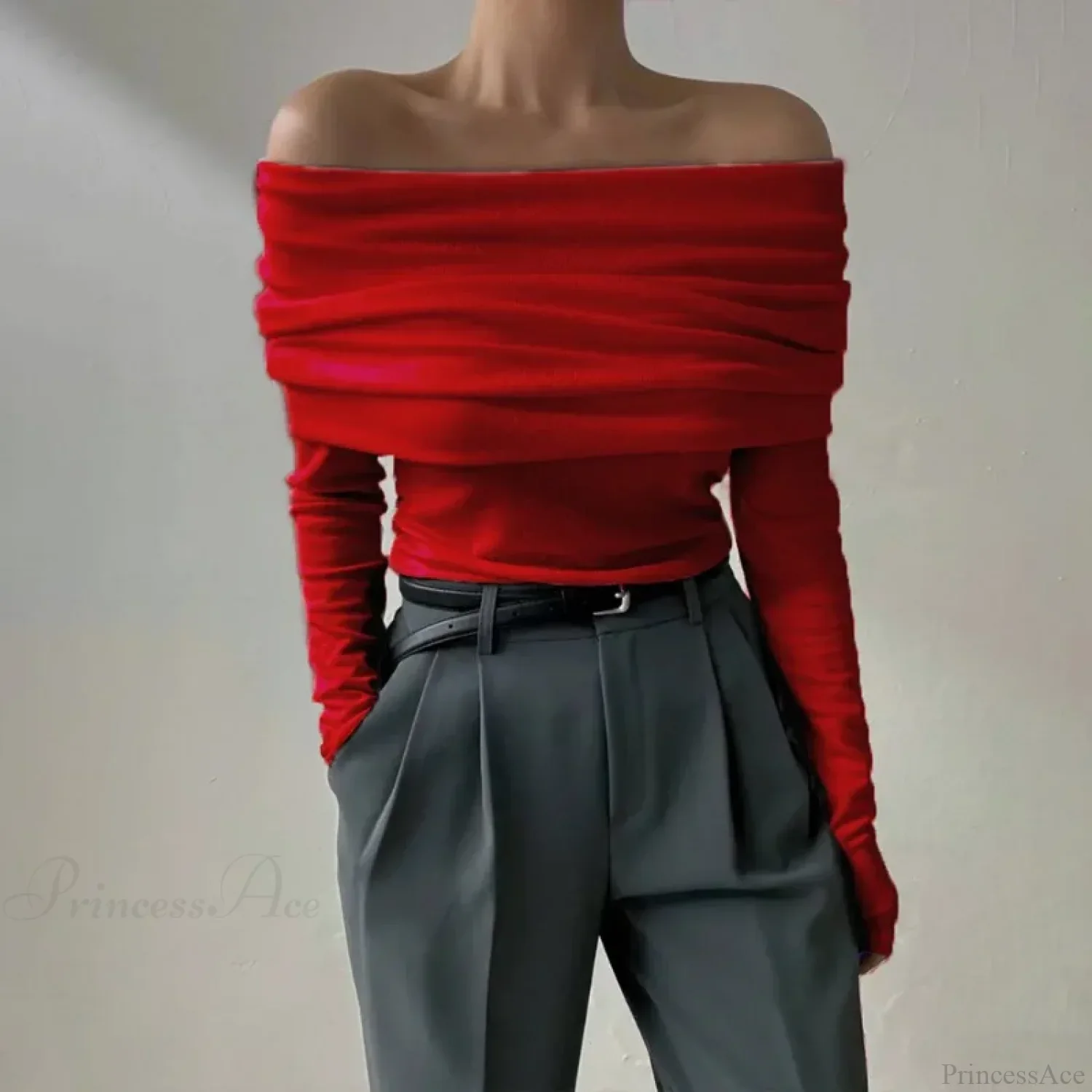 Off-Shoulder Slim Long Sleeve Pleated Sweater - Image 5