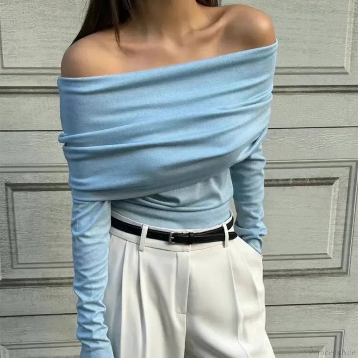 Off-Shoulder Slim Long Sleeve Pleated Sweater - Image 7
