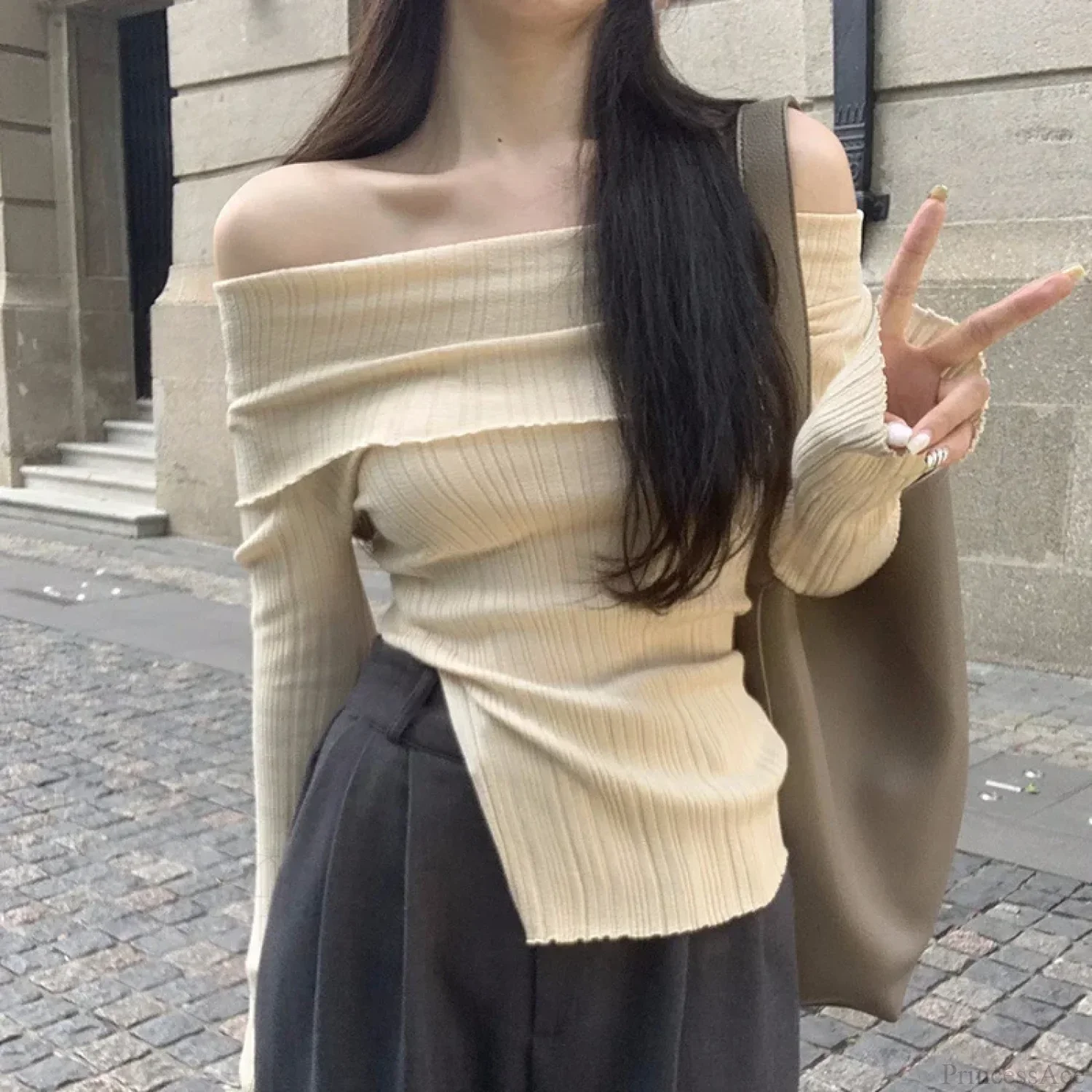 Off Shoulder Slim Slash Neck Long Sleeve Knit Top - Image 4