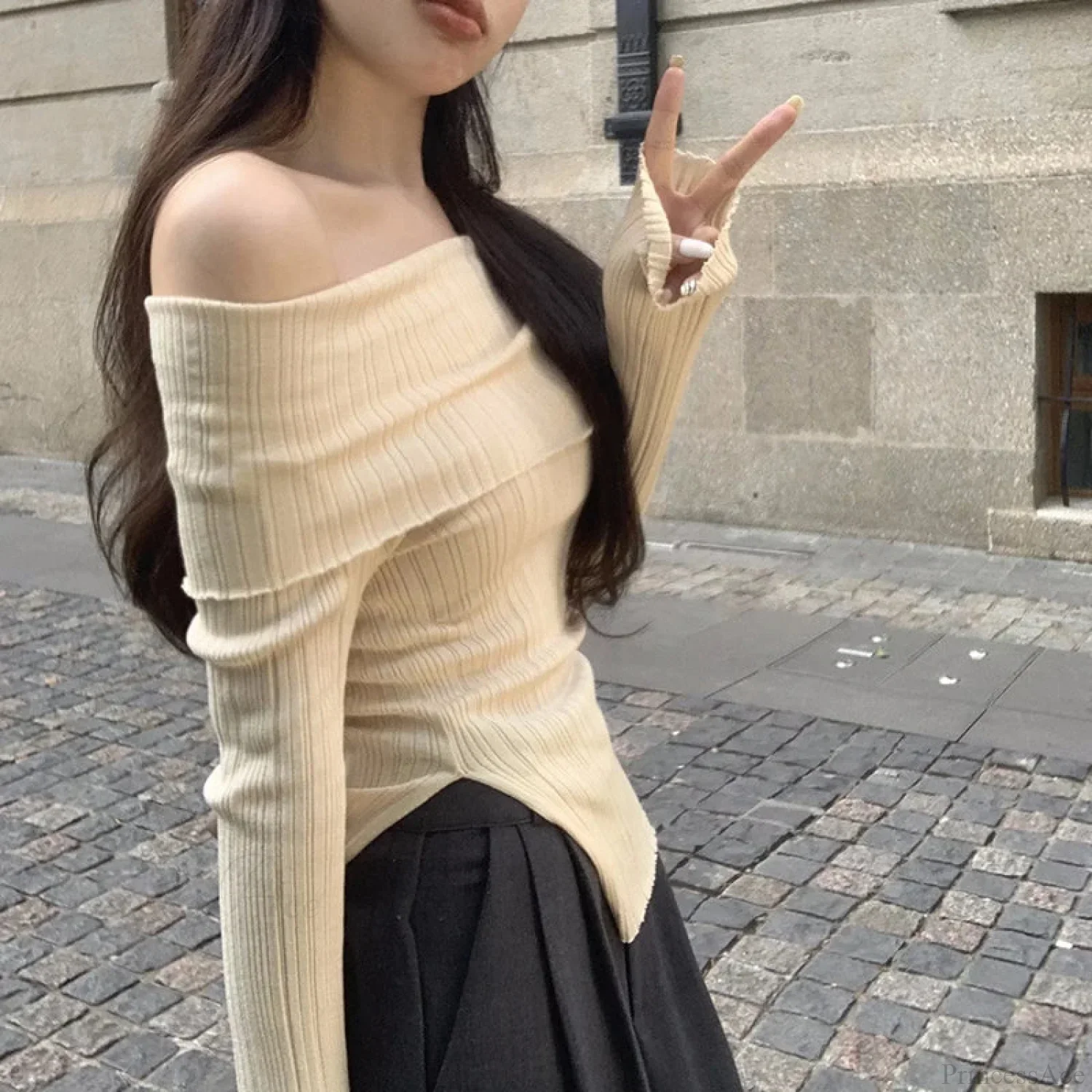Off Shoulder Slim Slash Neck Long Sleeve Knit Top - Image 5