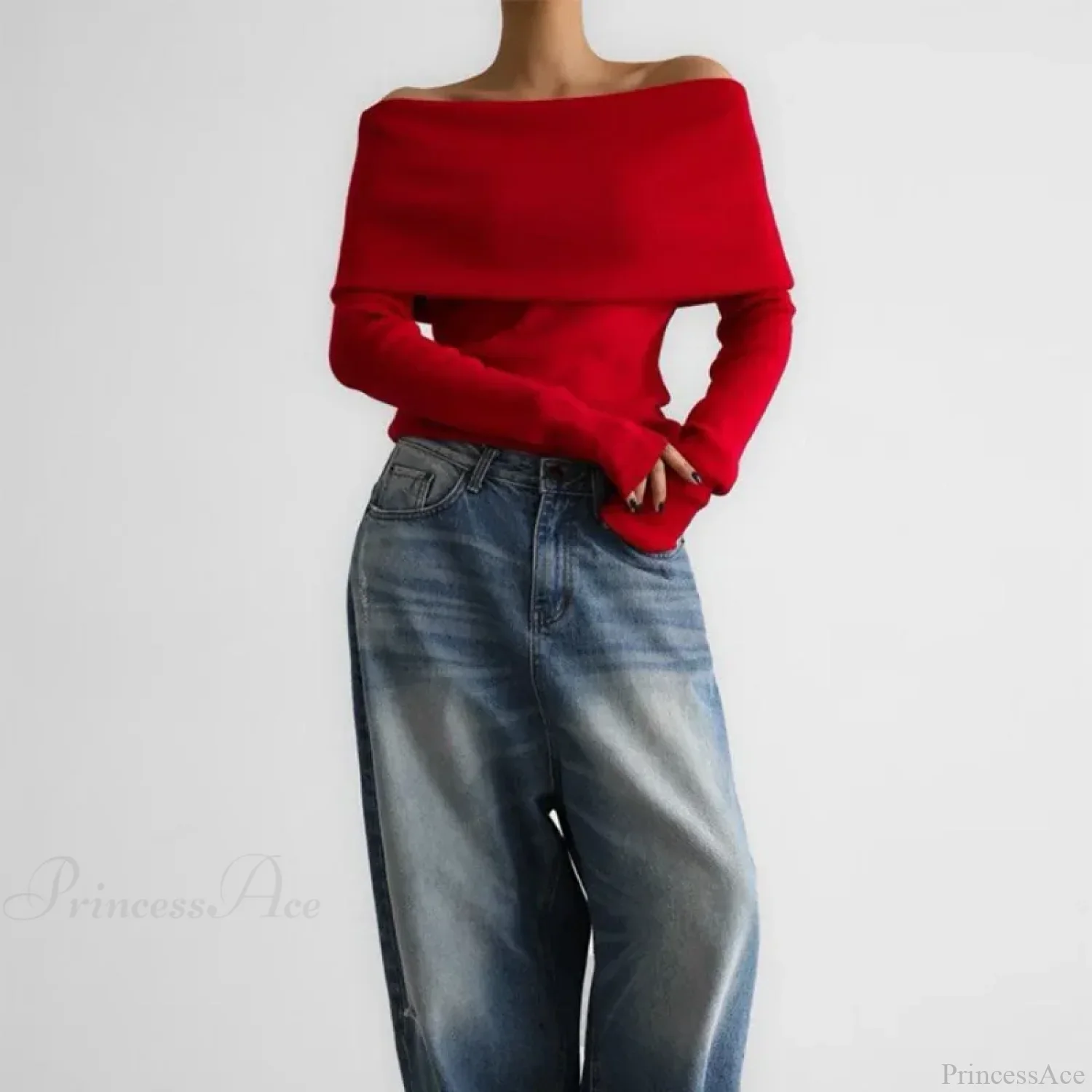 Off-Shoulder Solid Long Sleeve Knitted Sweater - Image 2