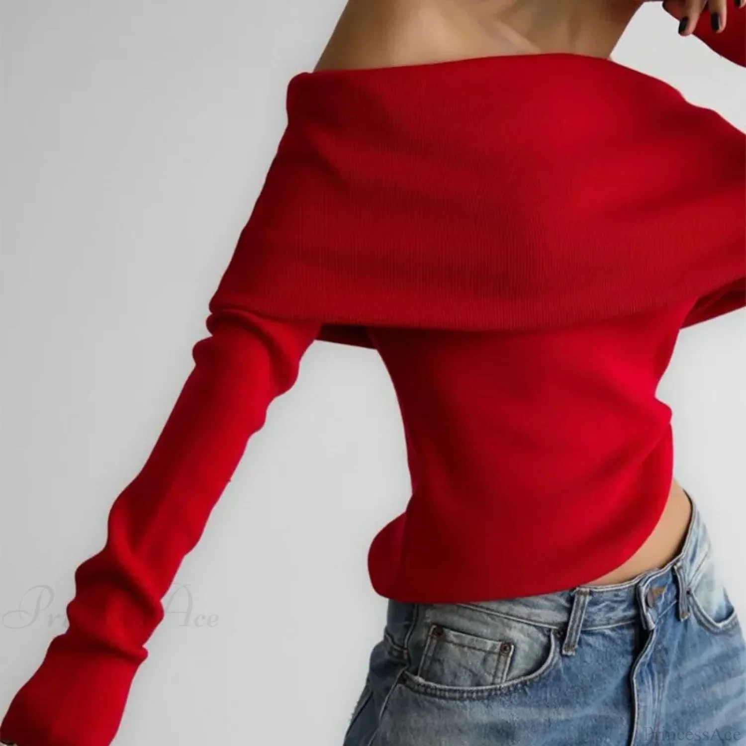 Off-Shoulder Solid Long Sleeve Knitted Sweater - Image 3