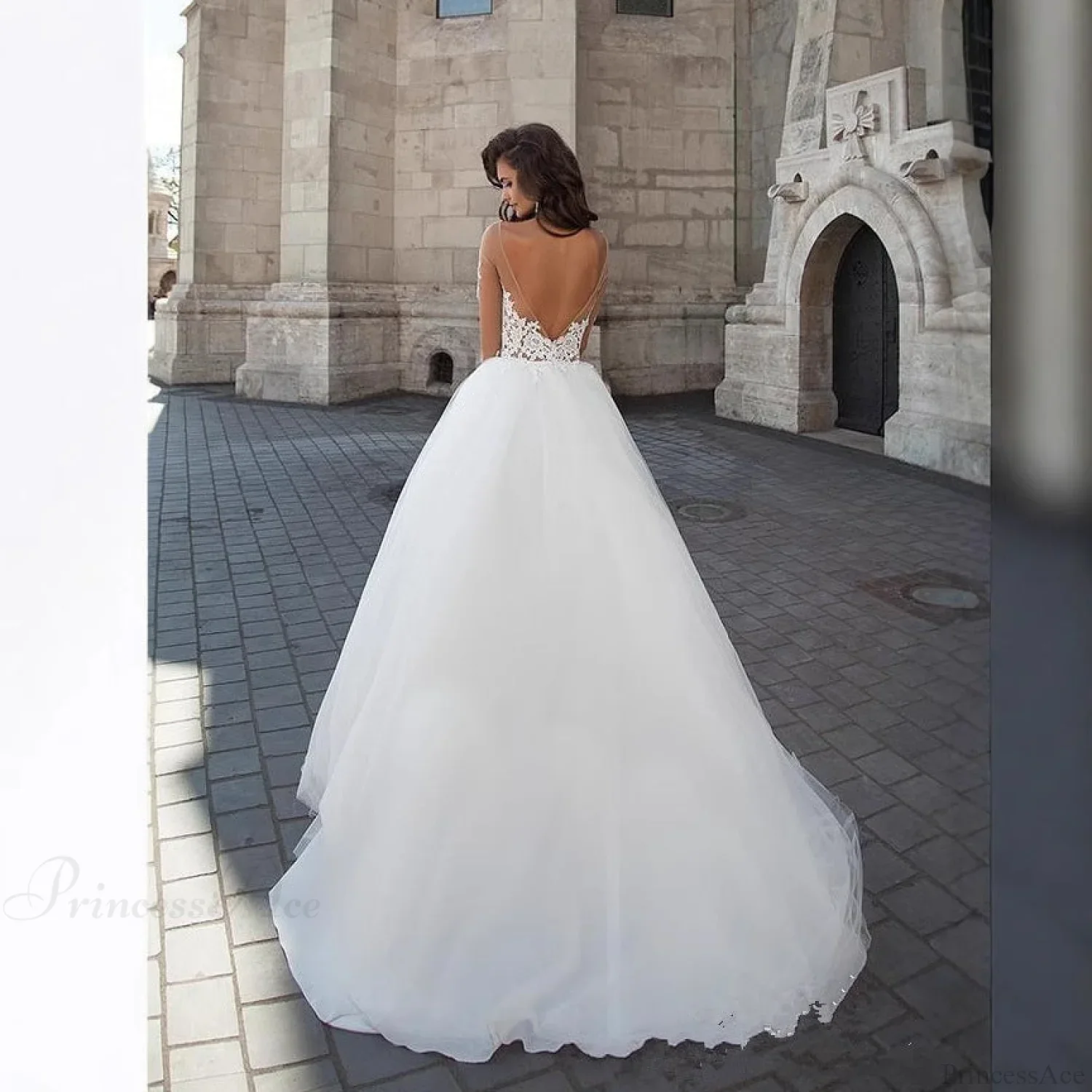 Off-Shoulder V-Neck Sheer Wedding Dress - Image 2