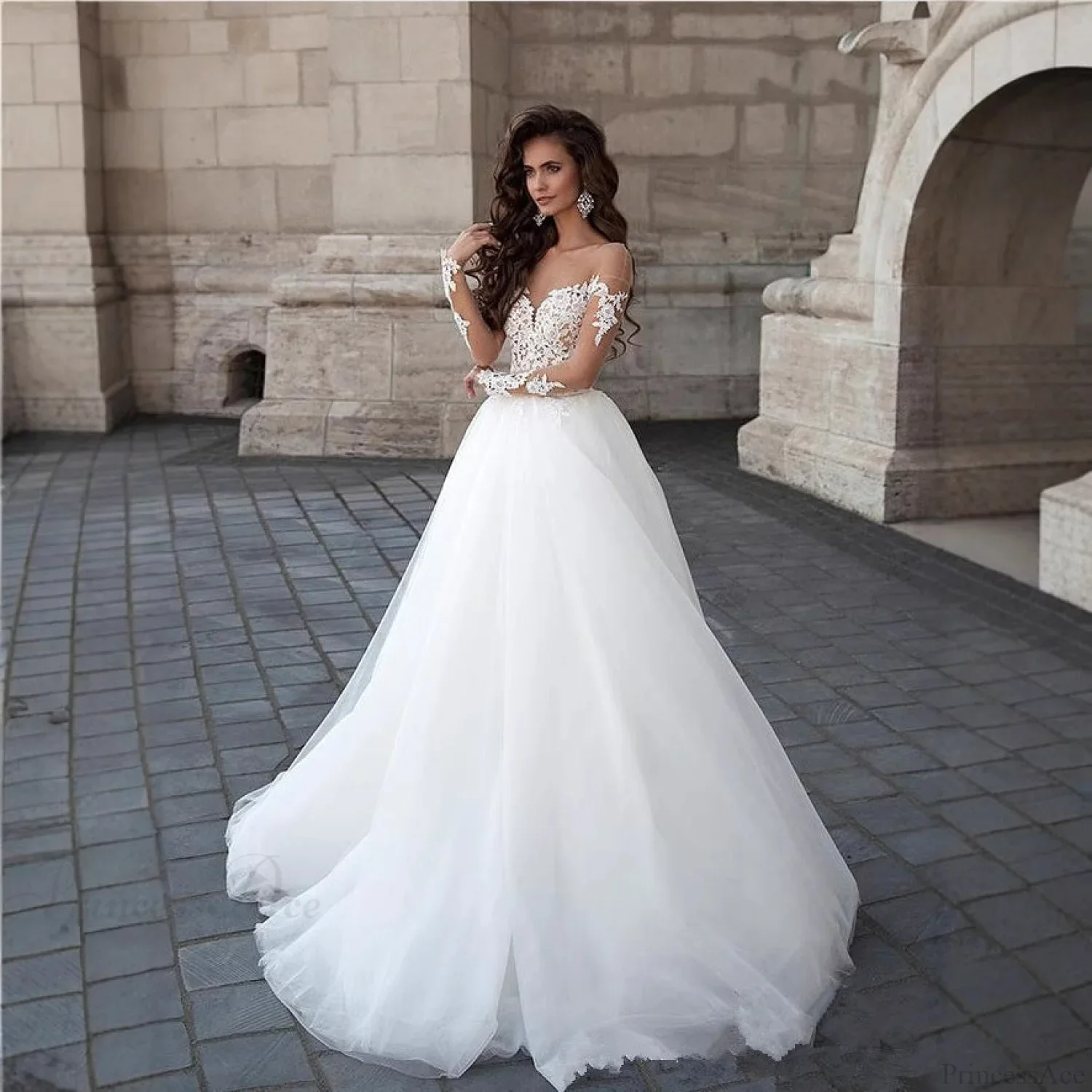 Off-Shoulder V-Neck Sheer Wedding Dress - Image 3
