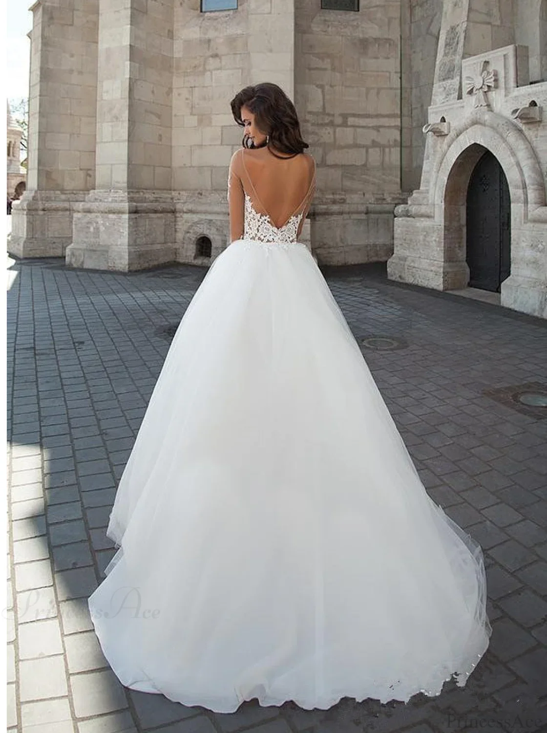 Off-Shoulder V-Neck Sheer Wedding Dress - Image 5