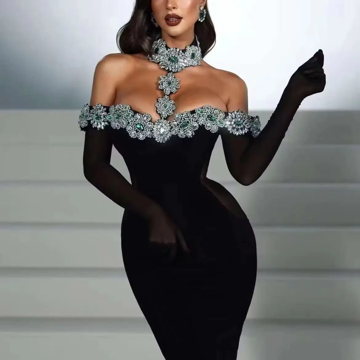 Off-The-Shoulder Halter Ankle-Length Party Dress