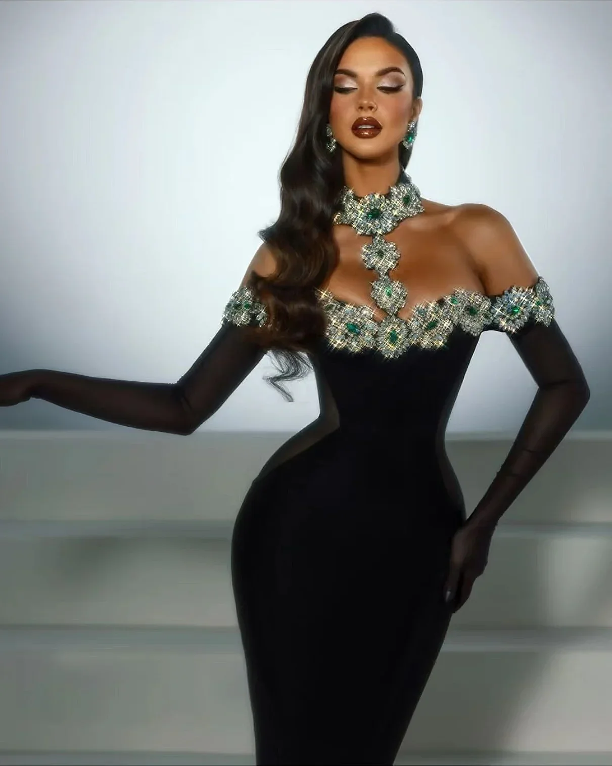 Off-The-Shoulder Halter Ankle-Length Party Dress - Image 3