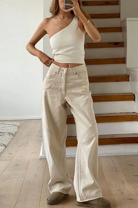 Off White High Waist Loose Straight Jeans - Image 4