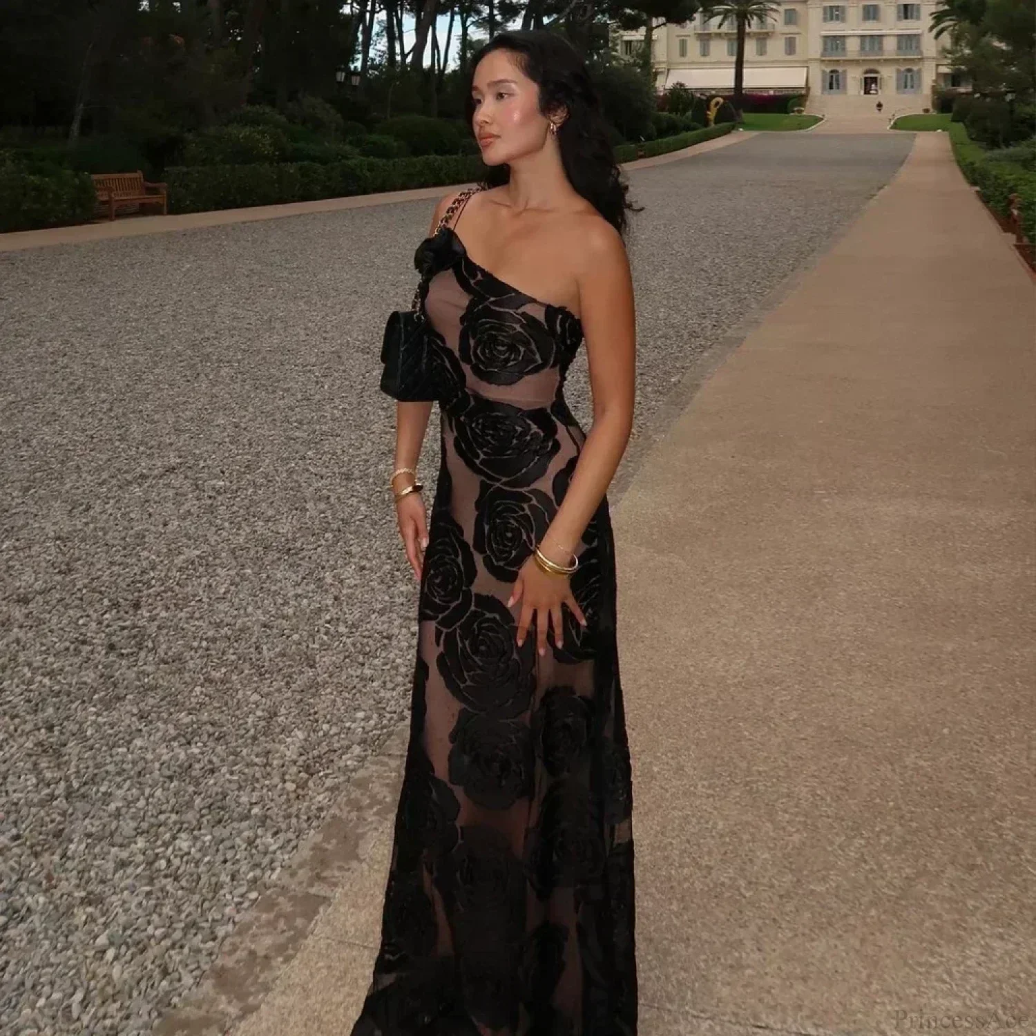 One Shoulder Mesh Maxi Party Dress - Image 3