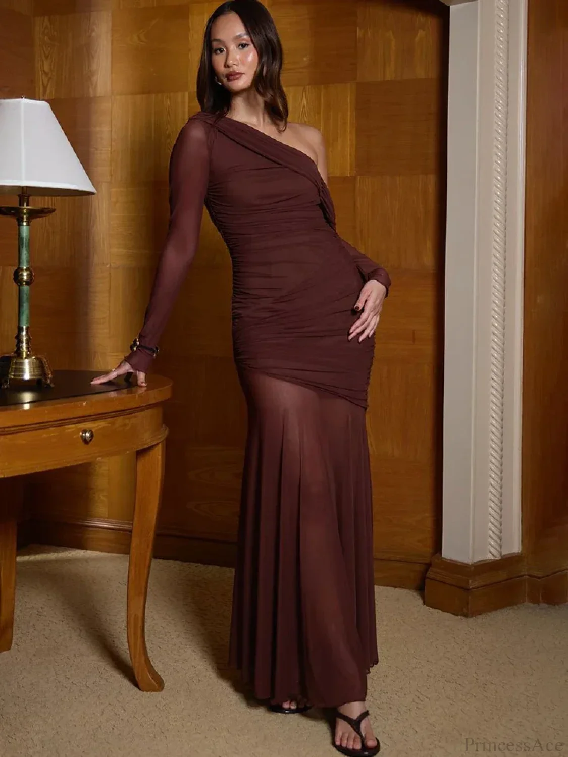 One Shoulder Mesh Maxi Vacation Dress - Image 8