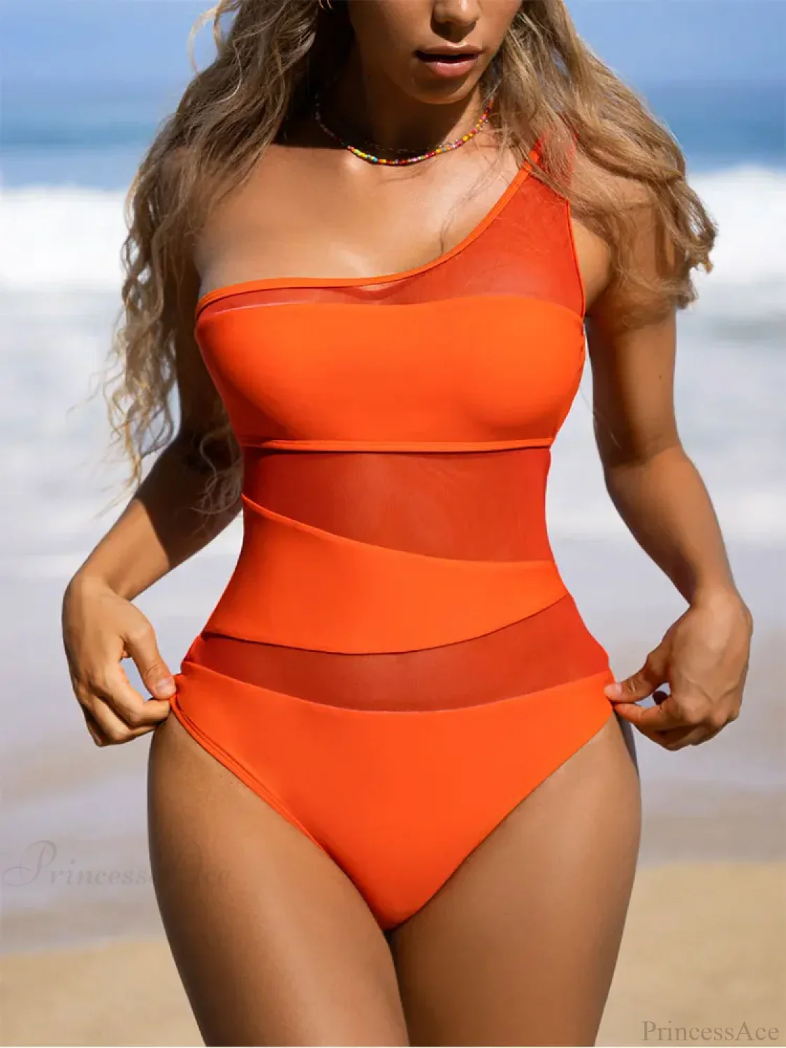 One Shoulder Mesh Monokini Swimsuit One Piece - Image 6