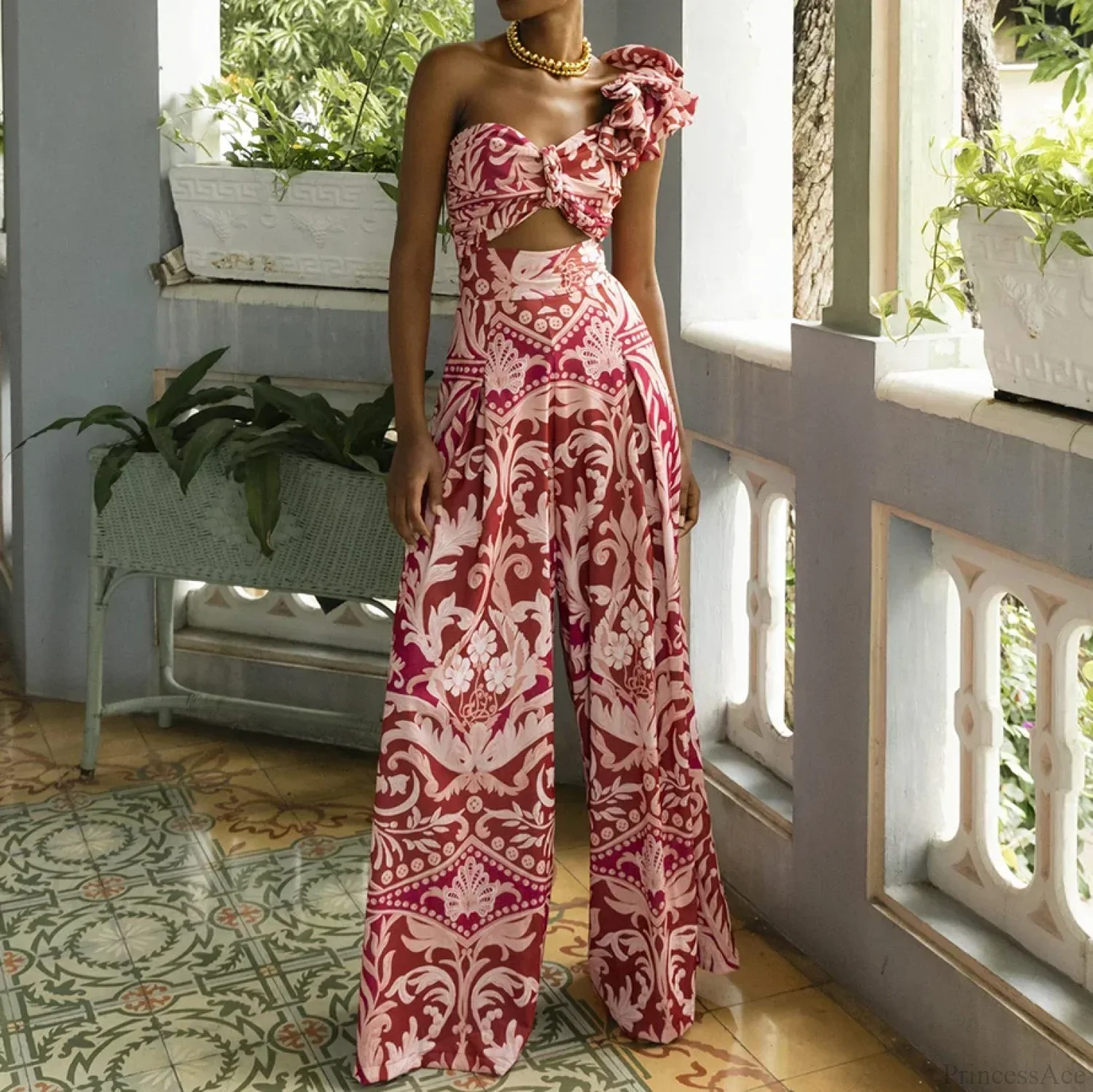 One Shoulder Print Pants Two Piece Set - Image 2