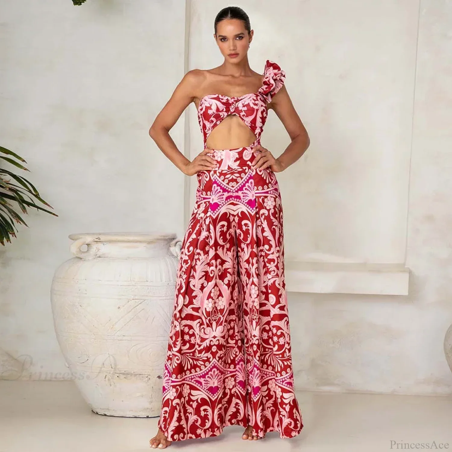 One Shoulder Print Pants Two Piece Set - Image 3