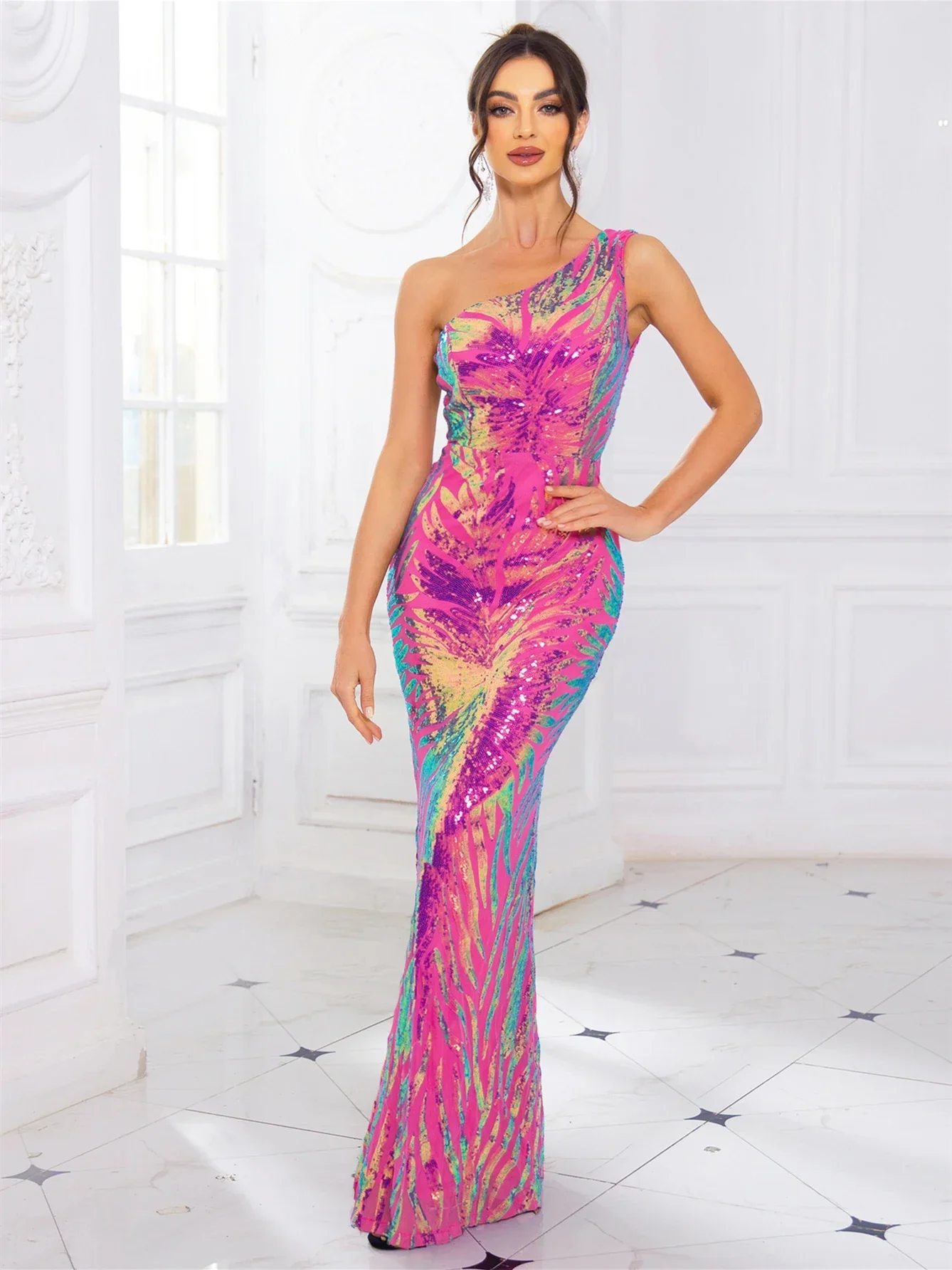 One-Shoulder Stretch Sequined Party Dress - Image 8