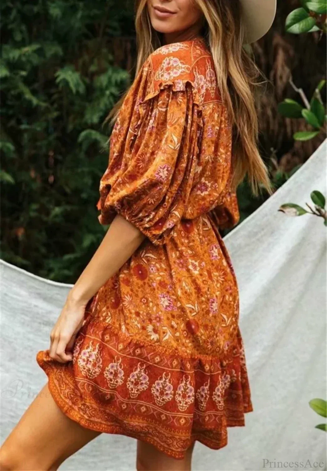Orange Floral Print Lantern Sleeve Tassel Rayon Mini Boho Dress - Image 2