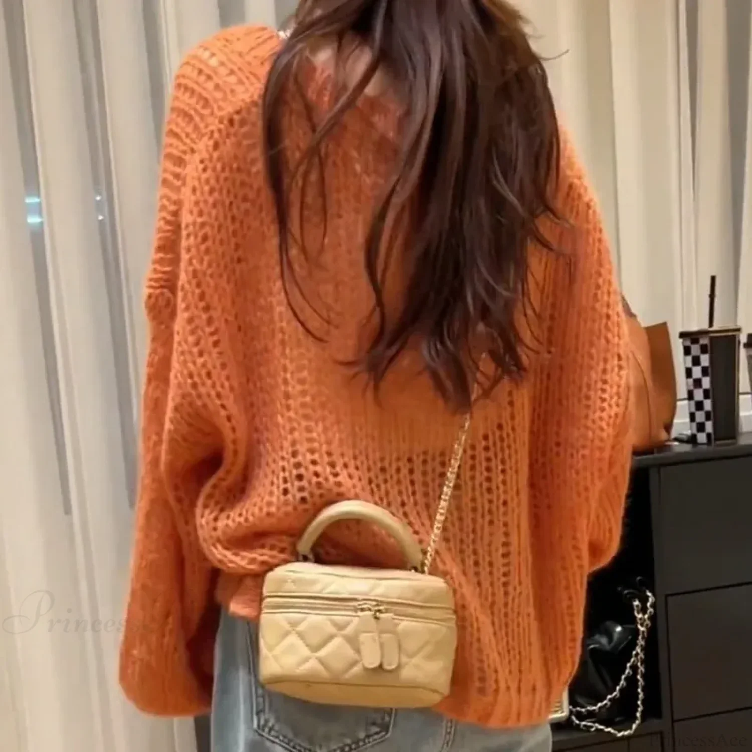 Orange Lantern Sleeve Open Stitch Loose Spring Cardigan - Image 2