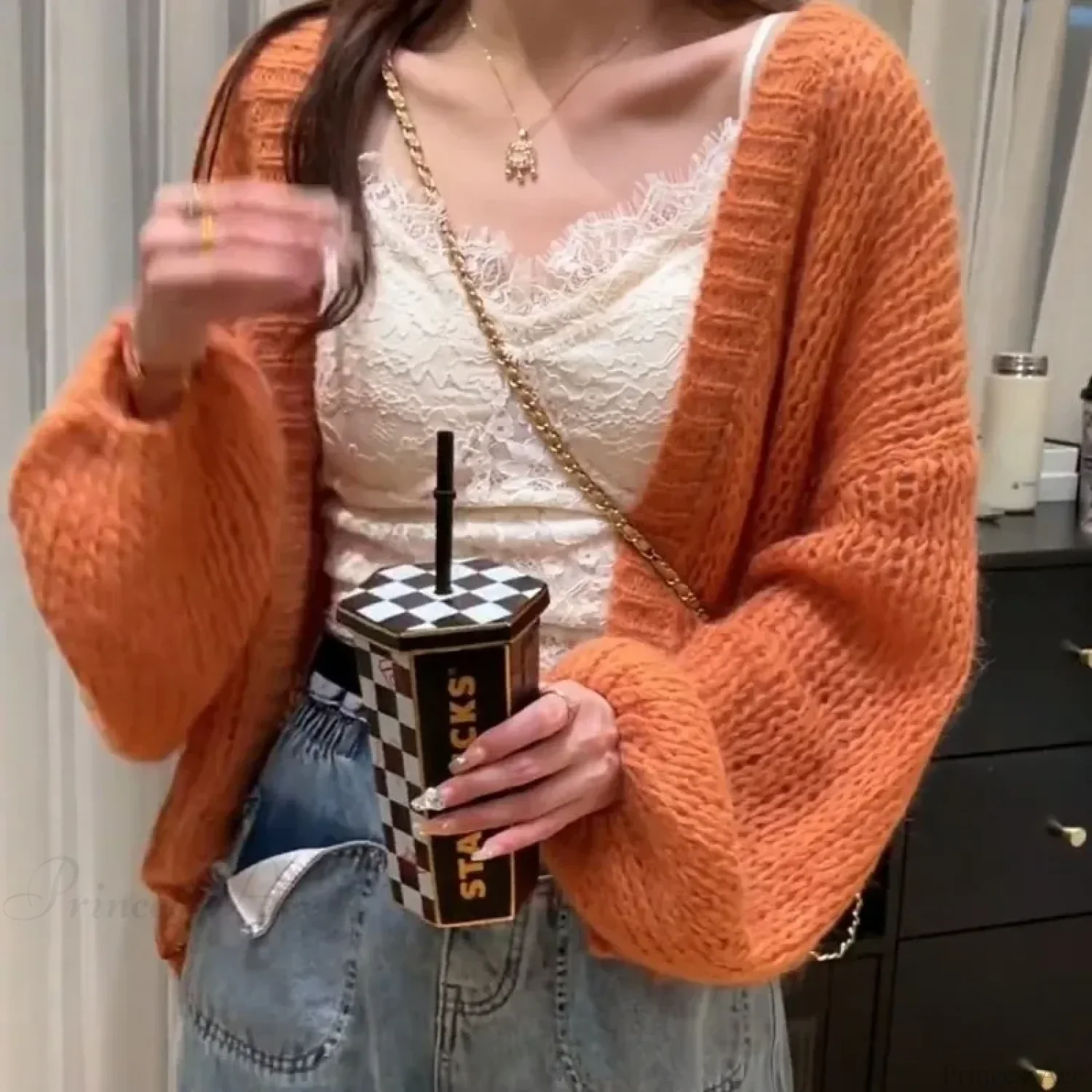 Orange Lantern Sleeve Open Stitch Loose Spring Cardigan - Image 4