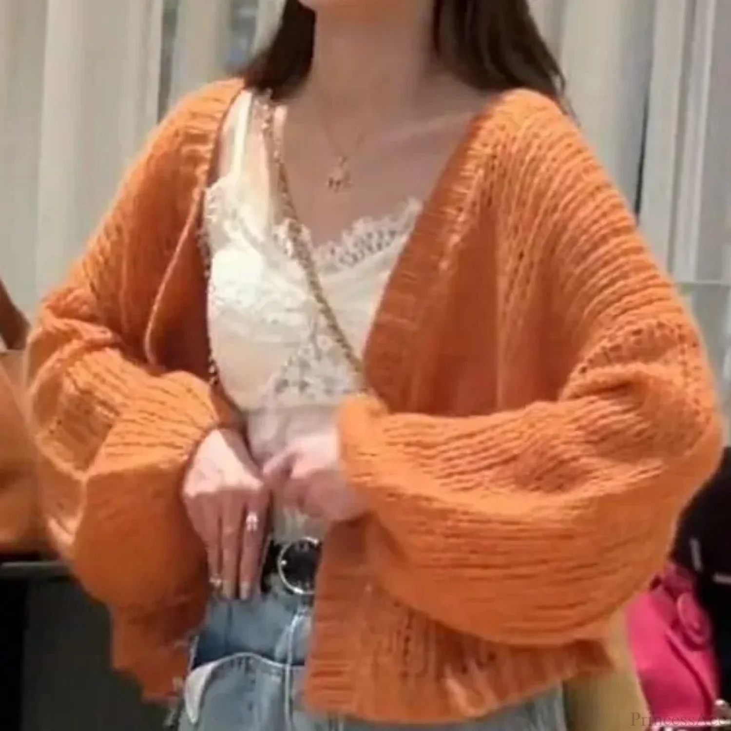 Orange Lantern Sleeve Open Stitch Loose Spring Cardigan - Image 5