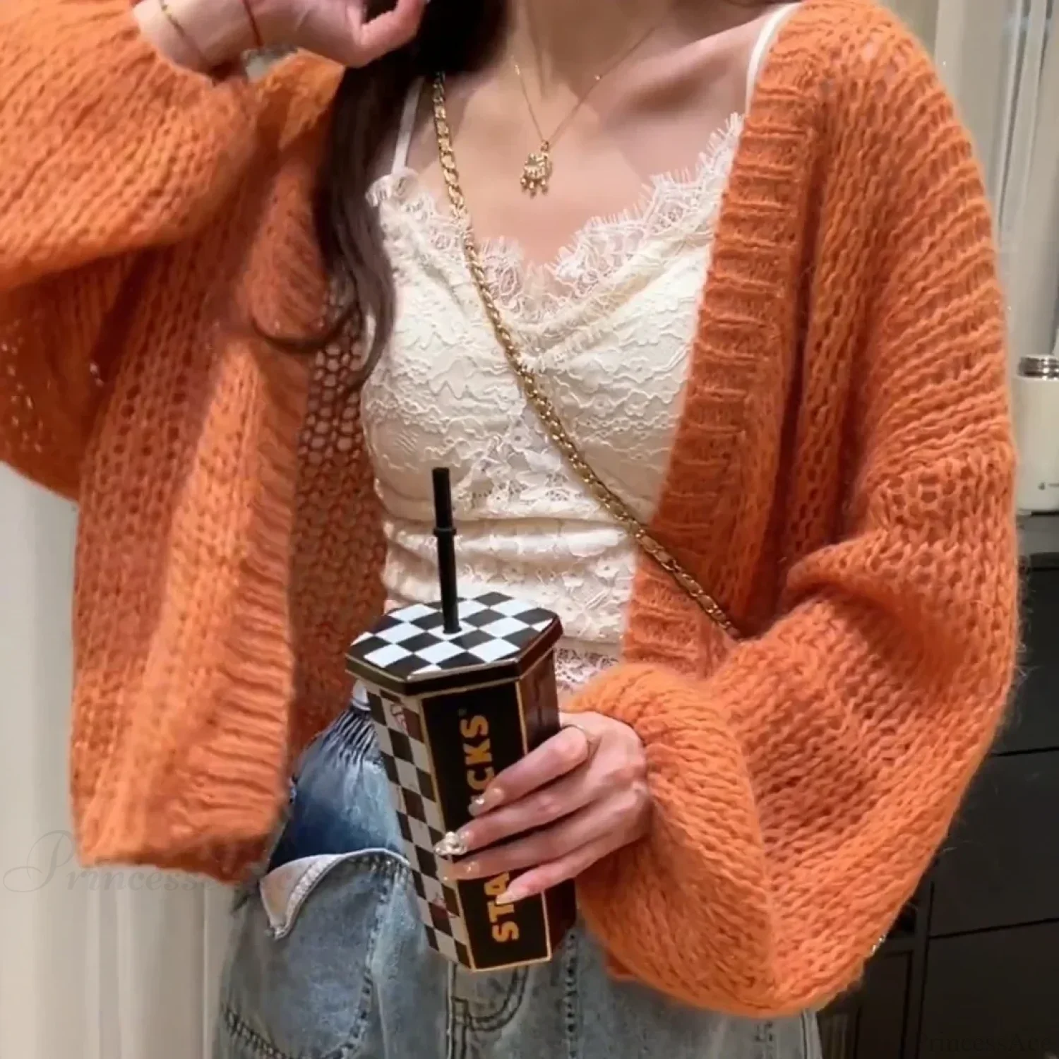 Orange Lantern Sleeve Open Stitch Loose Spring Cardigan - Image 7