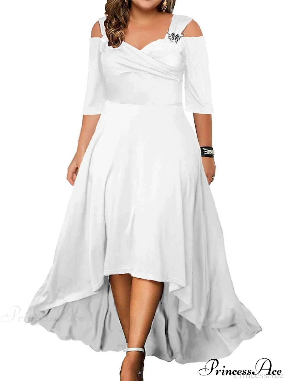 Out V Detail Summer/Spring Elegant Solid - - with Half Sleeves and Color - Gown Swing - Black/White Plus Hollow Party Size Midi Neck Sizes Gown Women's - L-4XL - Image 10
