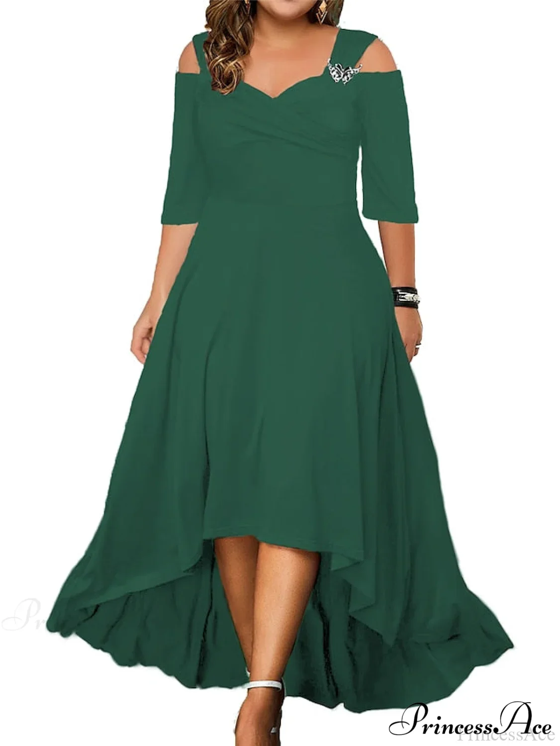 Out V Detail Summer/Spring Elegant Solid - - with Half Sleeves and Color - Gown Swing - Black/White Plus Hollow Party Size Midi Neck Sizes Gown Women's - L-4XL - Image 11