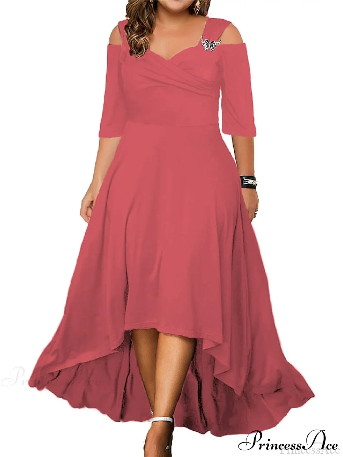 Out V Detail Summer/Spring Elegant Solid - - with Half Sleeves and Color - Gown Swing - Black/White Plus Hollow Party Size Midi Neck Sizes Gown Women's - L-4XL - Image 12
