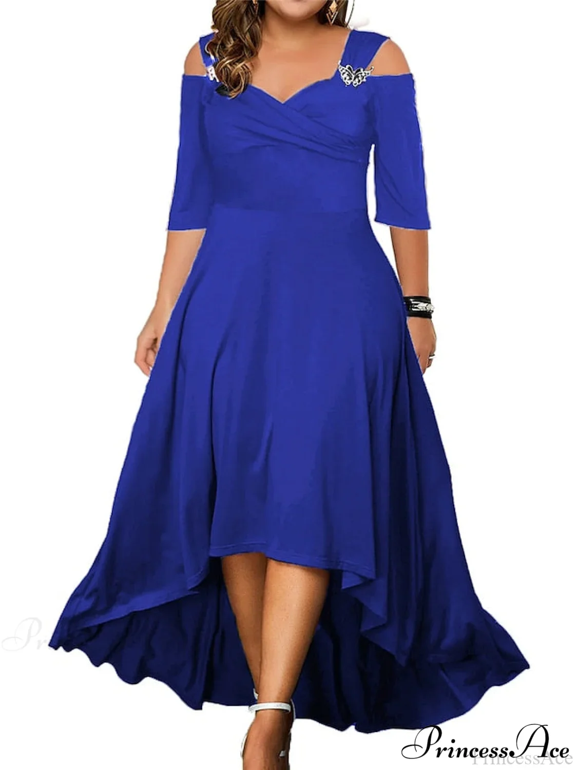 Out V Detail Summer/Spring Elegant Solid - - with Half Sleeves and Color - Gown Swing - Black/White Plus Hollow Party Size Midi Neck Sizes Gown Women's - L-4XL - Image 9