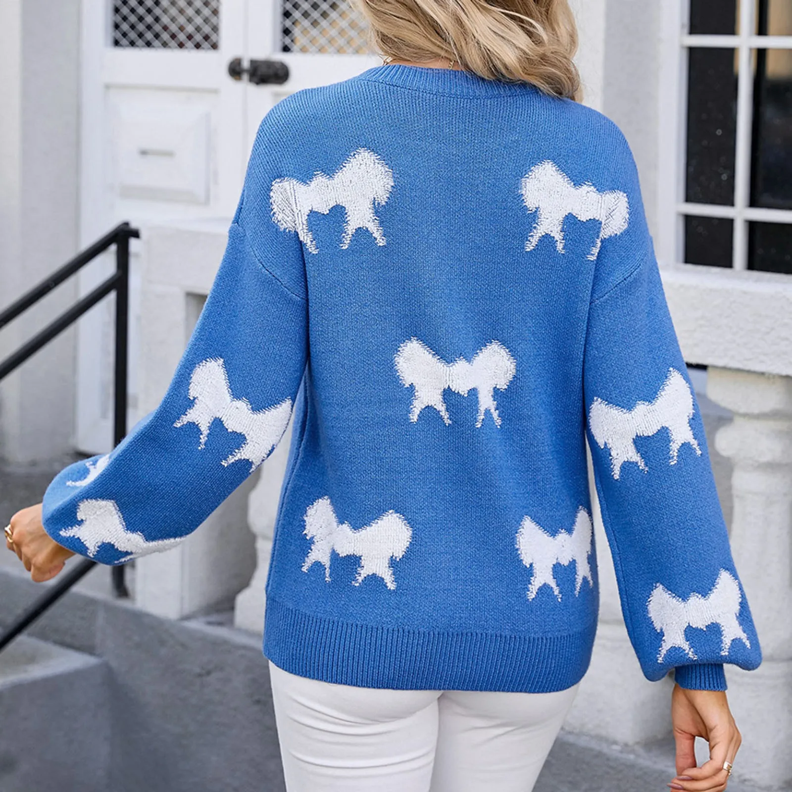 Oversize Bow Basic Print O-Neck White Thick Knitted Sweater - Image 4