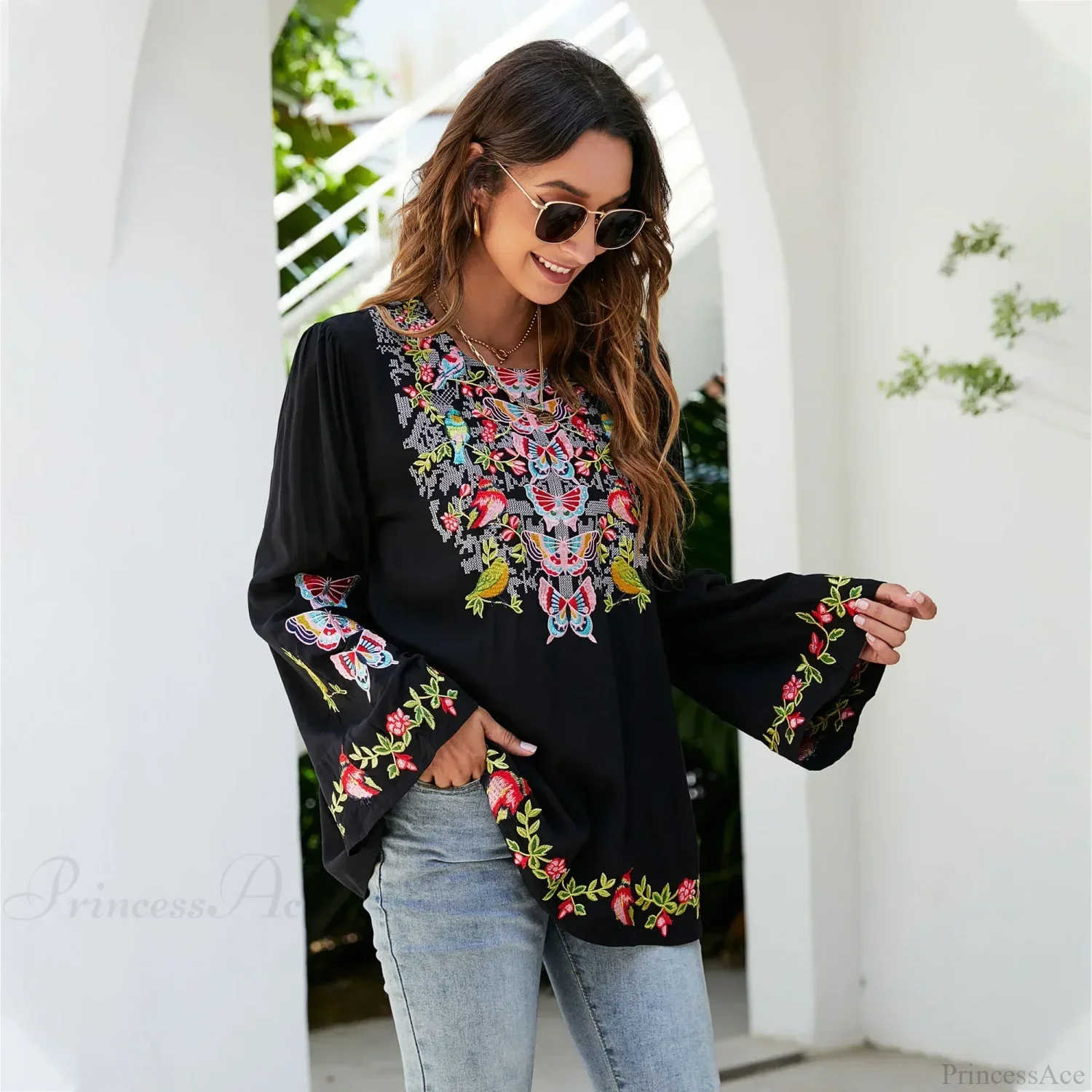 Oversize Floral Embroidery Loose Cotton Boho Blouse - Image 2