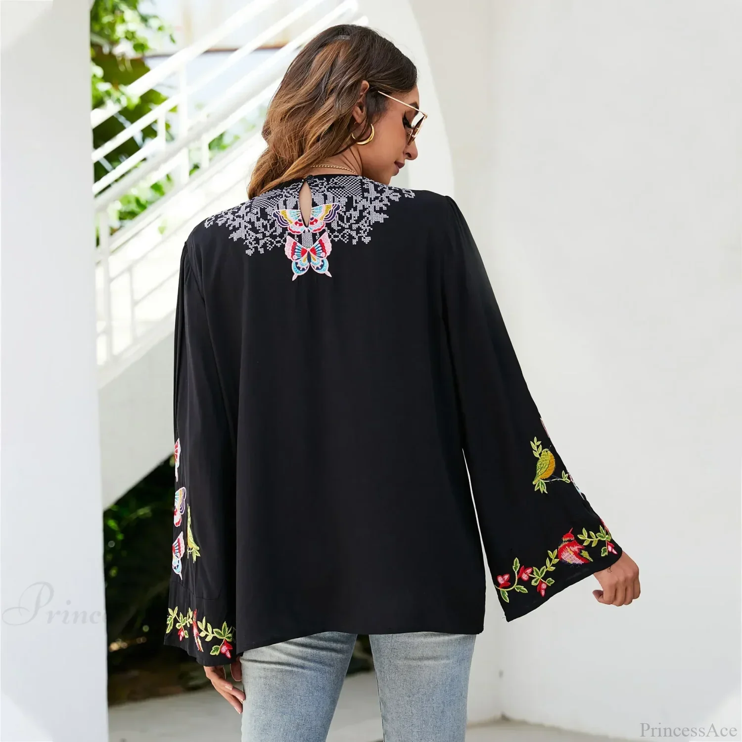 Oversize Floral Embroidery Loose Cotton Boho Blouse - Image 3