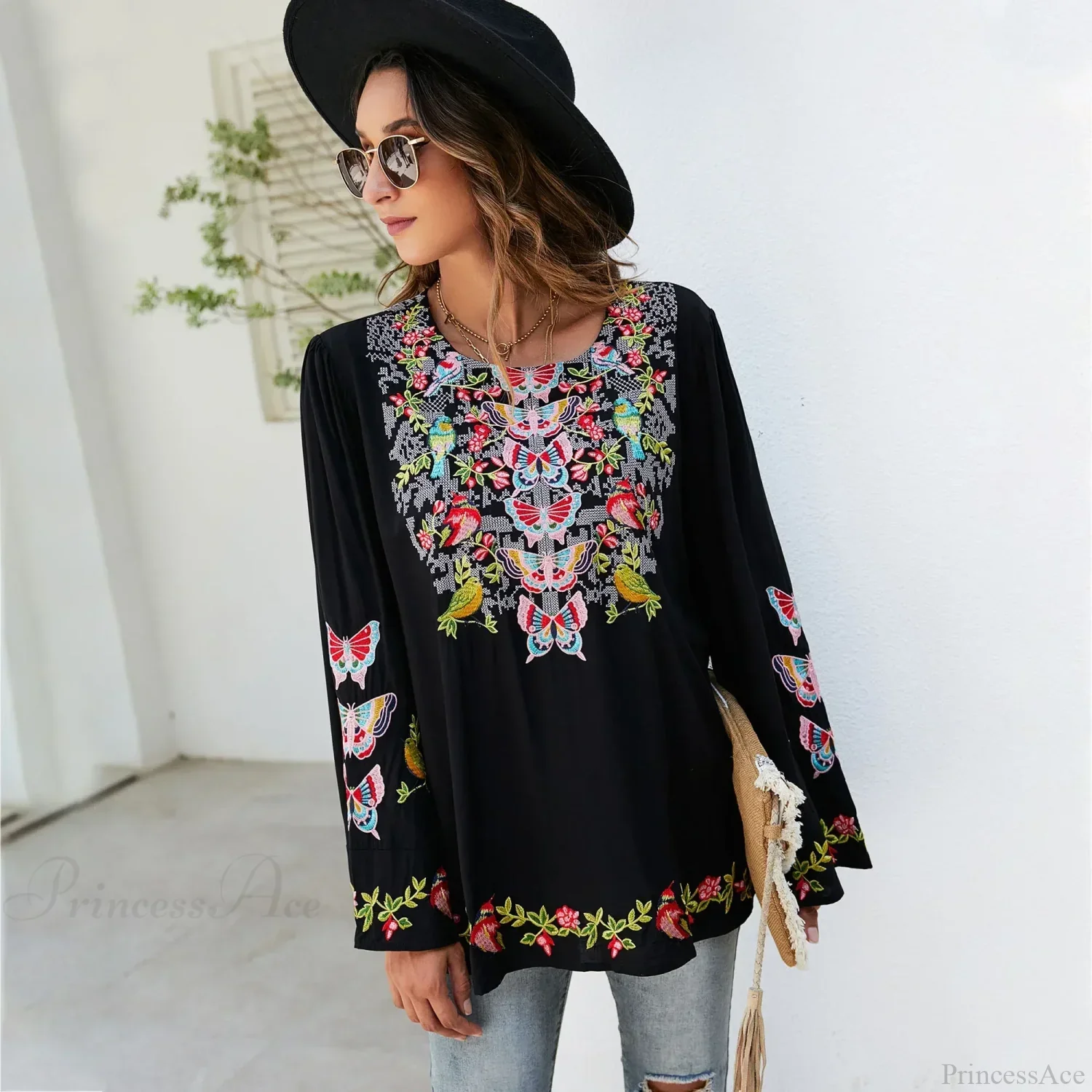 Oversize Floral Embroidery Loose Cotton Boho Blouse - Image 4