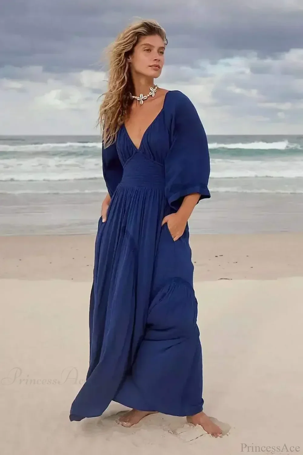 Oversized Backless Deep V Cotton Boho Dress - Image 6