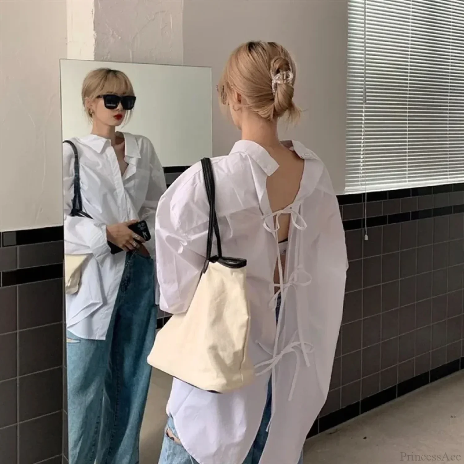 Oversized Bandage Long Sleeve Streetwear White Blouse - Image 2