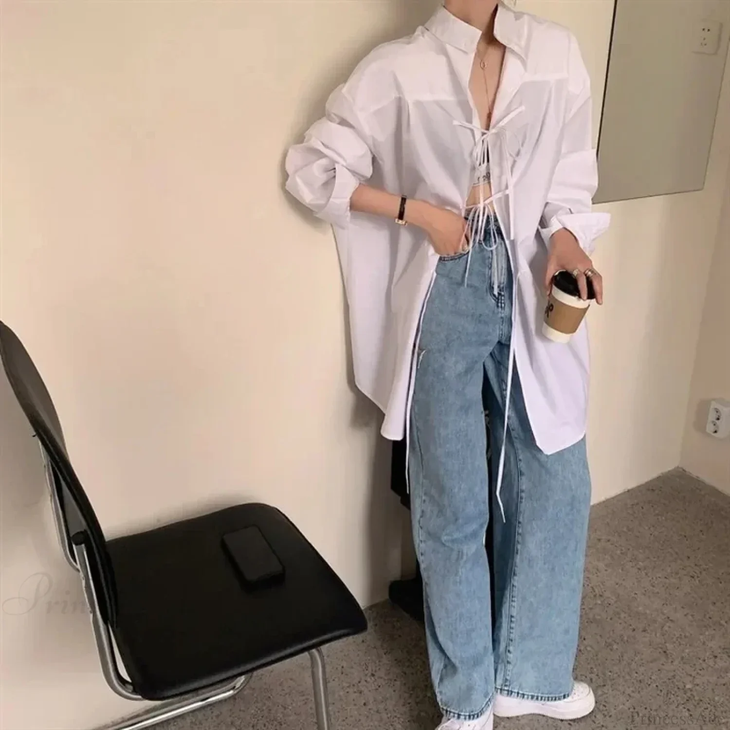 Oversized Bandage Long Sleeve Streetwear White Blouse - Image 3