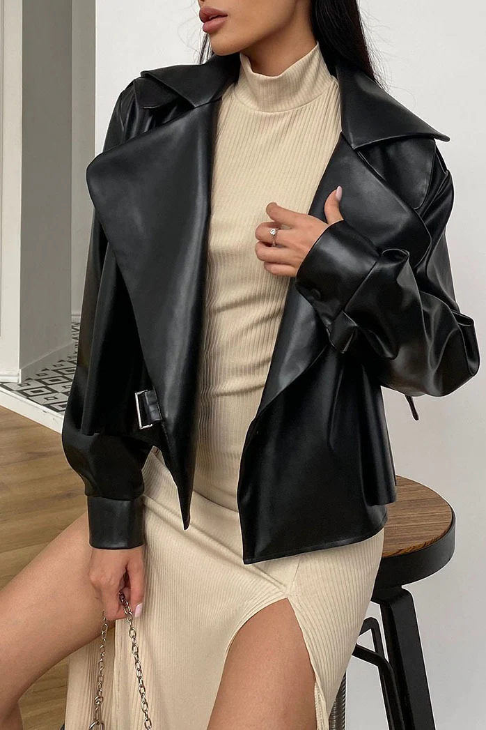 Oversized Collar Leather Biker Jacket - Image 5